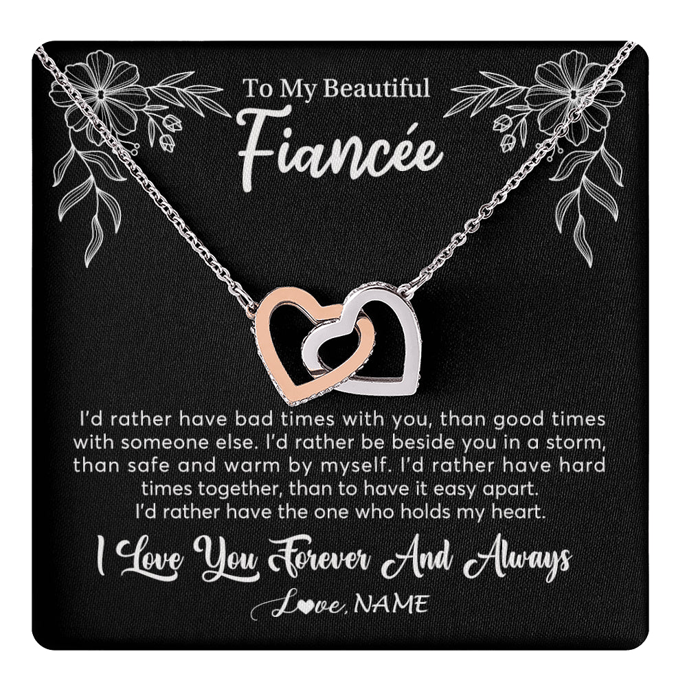 Interlocking Hearts Necklace Stainless Steel & Rose Gold Finish | 1 | Personalized To My Beautiful Fiancee Necklace Gifts From Fiance I'd Rather Fiancee Birthday Idea Anniversary Valentines Day Customized Gift Box Message Card | teecentury