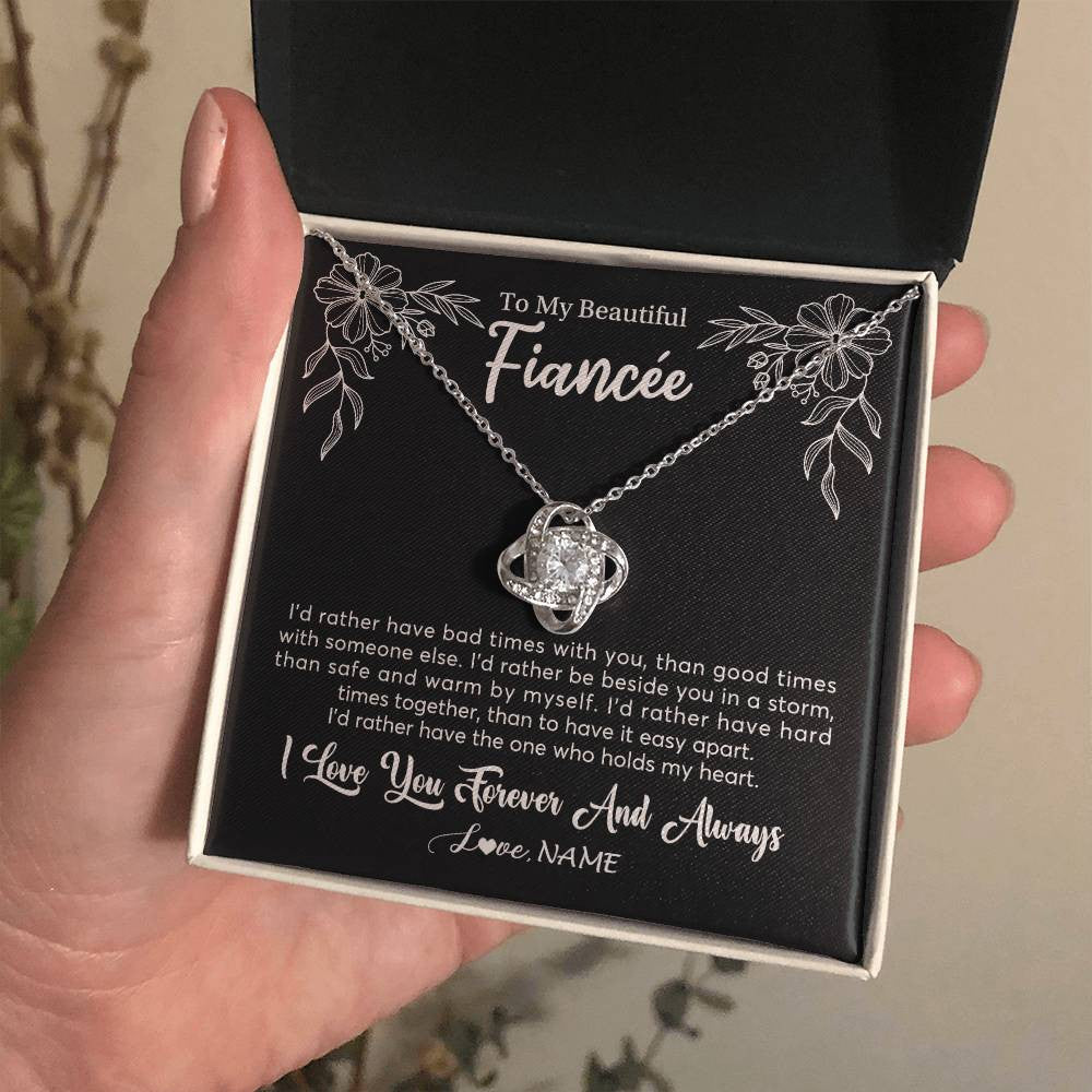 Love Knot Necklace 14K White Gold Finish | 2 | Personalized To My Beautiful Fiancee Necklace Gifts From Fiance I'd Rather Fiancee Birthday Idea Anniversary Valentines Day Customized Gift Box Message Card | teecentury