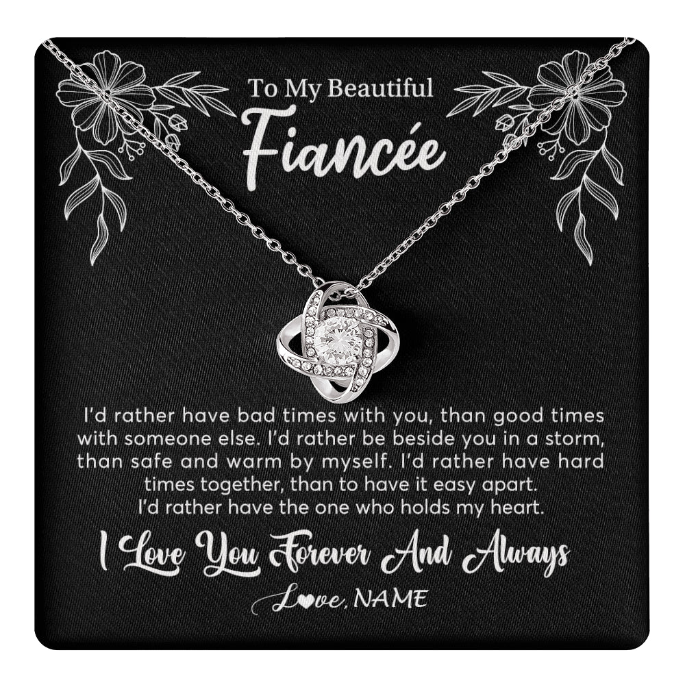 Love Knot Necklace 14K White Gold Finish | 1 | Personalized To My Beautiful Fiancee Necklace Gifts From Fiance I'd Rather Fiancee Birthday Idea Anniversary Valentines Day Customized Gift Box Message Card | teecentury
