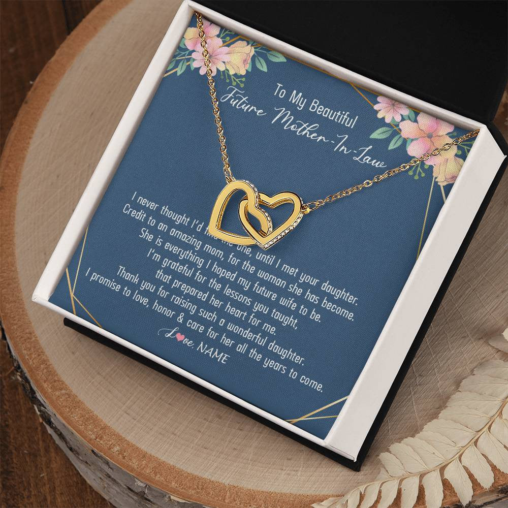 Interlocking Hearts Necklace 18K Yellow Gold Finish | Personalized To My Beautiful Future Mother In Law Necklace from Son In Law Thank You Mother In Law Jewelry Birthday Wedding Day Customized Box Message Card | teecentury