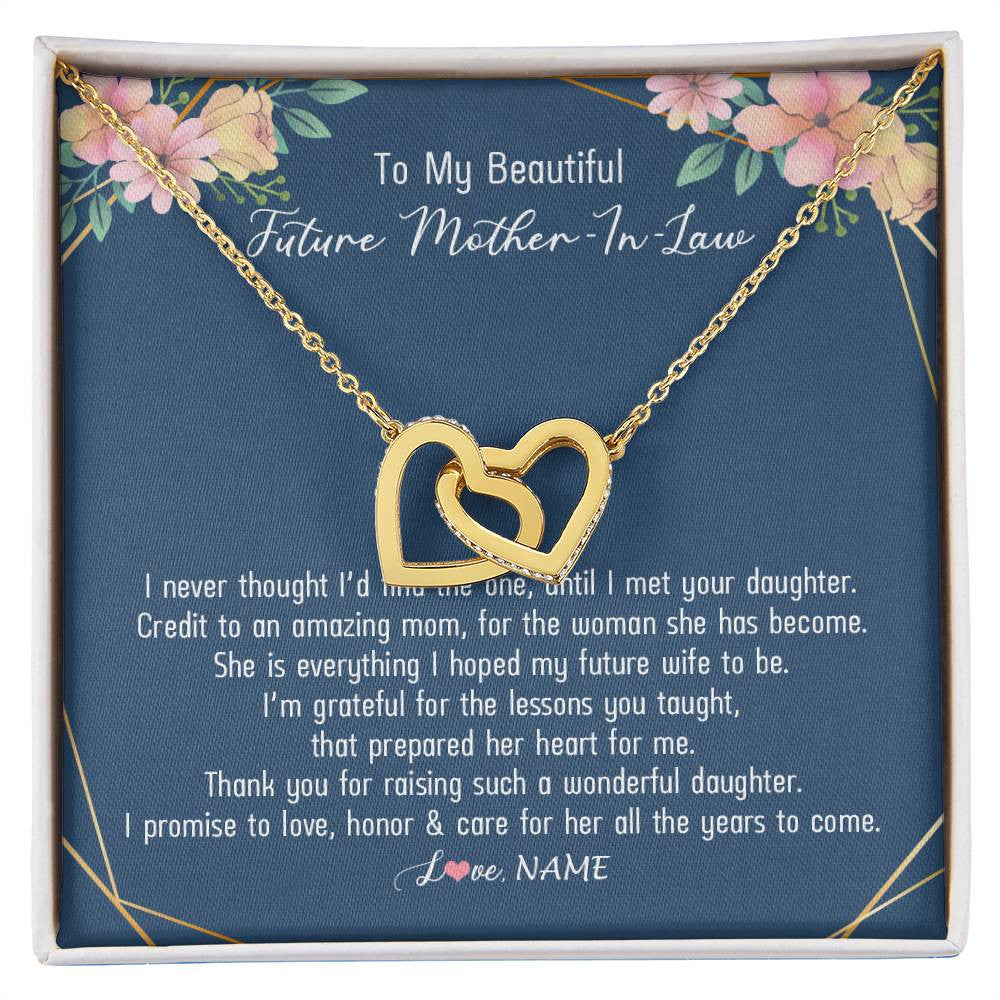 Interlocking Hearts Necklace 18K Yellow Gold Finish | Personalized To My Beautiful Future Mother In Law Necklace from Son In Law Thank You Mother In Law Jewelry Birthday Wedding Day Customized Box Message Card | teecentury