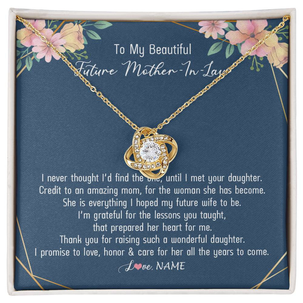 Love Knot Necklace 18K Yellow Gold Finish | Personalized To My Beautiful Future Mother In Law Necklace from Son In Law Thank You Mother In Law Jewelry Birthday Wedding Day Customized Box Message Card | teecentury