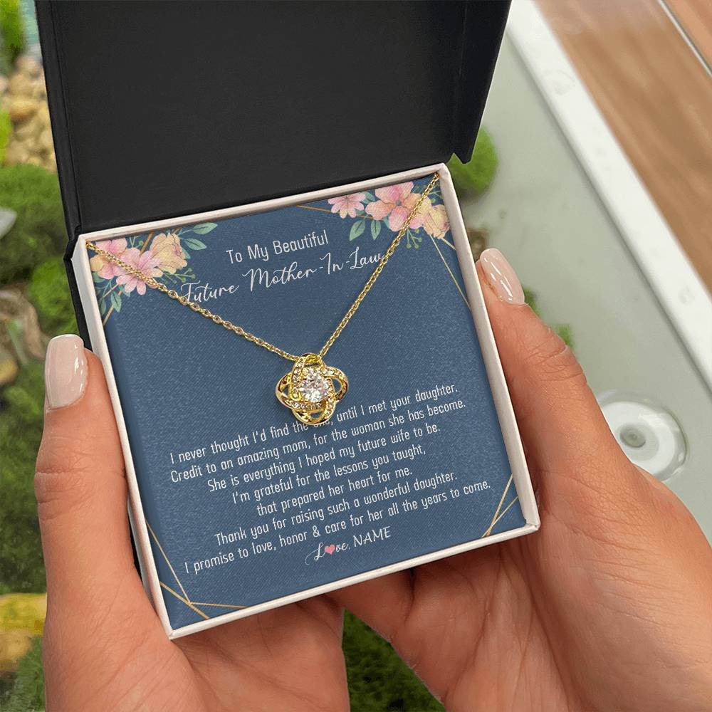 Love Knot Necklace 18K Yellow Gold Finish | Personalized To My Beautiful Future Mother In Law Necklace from Son In Law Thank You Mother In Law Jewelry Birthday Wedding Day Customized Box Message Card | teecentury