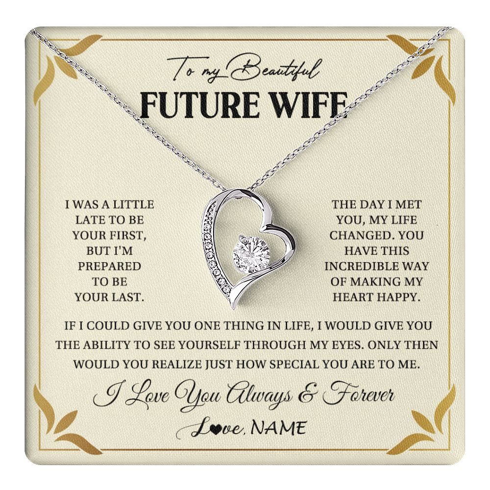 Forever Love Necklace 14K White Gold Finish | 1 | Personalized To My Beautiful Future Wife Necklace Gift From Husband Promise Necklace For Her Soulmate Wife Romantic Birthday Customized Gift Box Message Card | teecentury