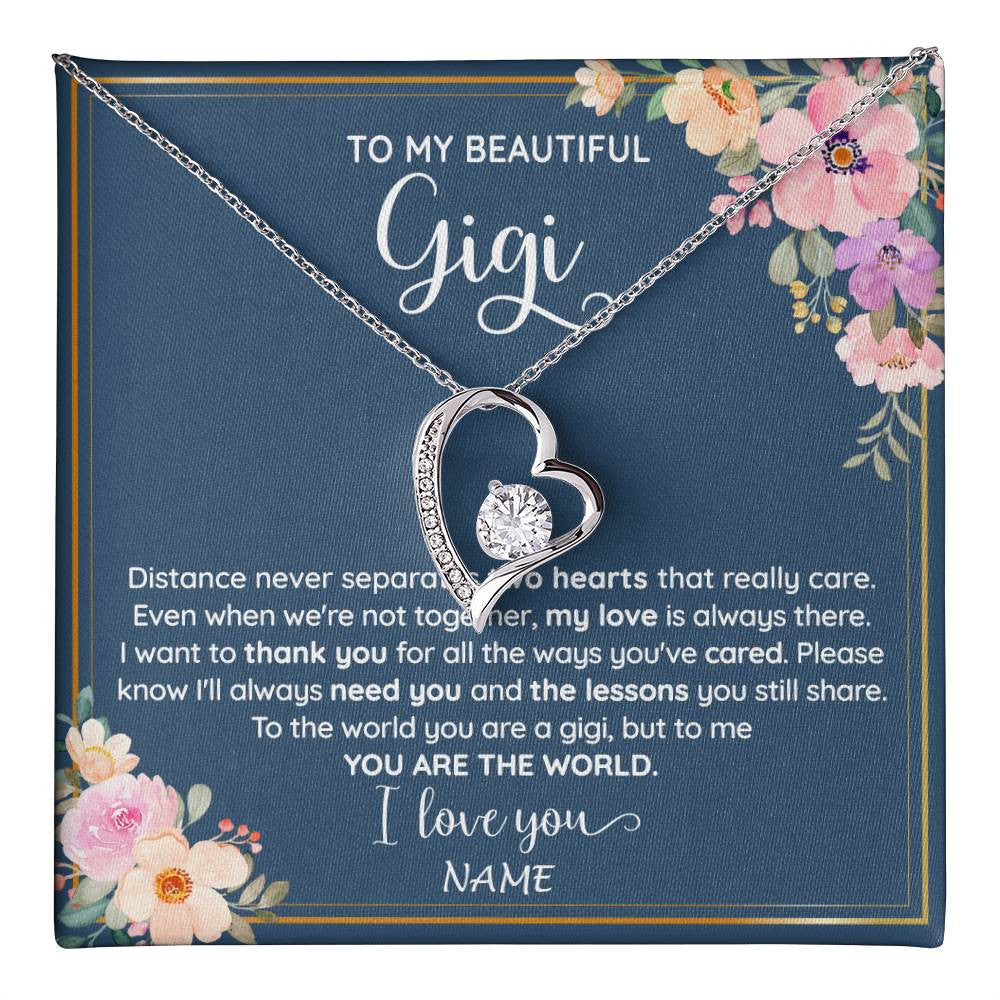 Forever Love Necklace 14K White Gold Finish | 1 | Personalized To My Beautiful Gigi Necklace From Grandkids Granddaughter You Are The World Gigi Birthday Mothers Day Christmas Customized Gift Box Message Card | teecentury