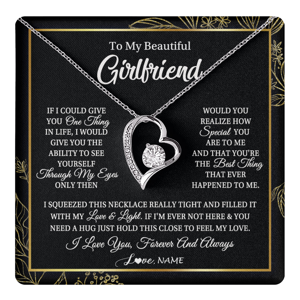 Forever Love Necklace 14K White Gold Finish | 1 | Personalized To My Beautiful Girlfriend Necklace From Boyfriend Feel My Love For Her Girlfriend Birthday Valentines Day Christmas Customized Message Card | teecentury