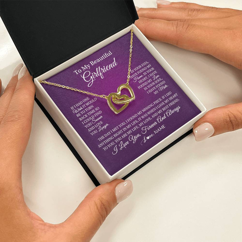 Interlocking Hearts Necklace 18K Yellow Gold Finish | Personalized To My Beautiful Girlfriend Necklace Gift Romantic Gifts For Girlfriend Birthday Anniversary Valentines Christmas Customized Gift Box Message Card | teecentury