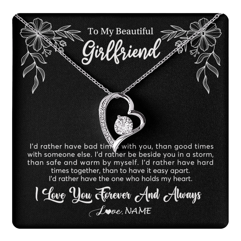 Forever Love Necklace 14K White Gold Finish | 1 | Personalized To My Beautiful Girlfriend Necklace Gifts From Boyfriend I'd Rather Girlfriend Birthday Anniversary Valentines Customized Gift Box Message Card | teecentury