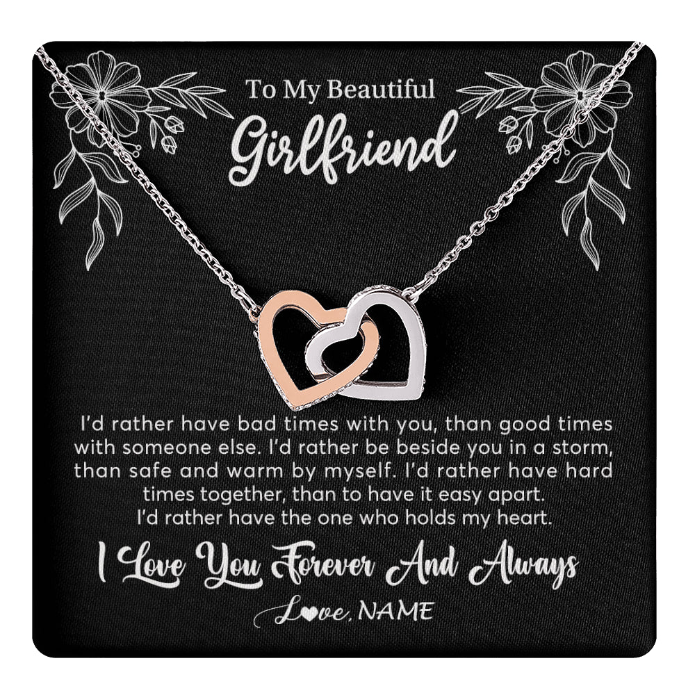 Interlocking Hearts Necklace Stainless Steel & Rose Gold Finish | 1 | Personalized To My Beautiful Girlfriend Necklace Gifts From Boyfriend I'd Rather Girlfriend Birthday Anniversary Valentines Customized Gift Box Message Card | teecentury