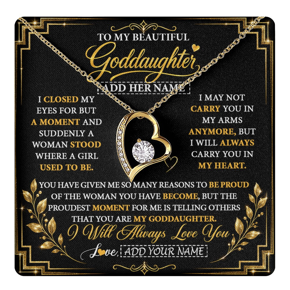 Forever Love Necklace 18K Yellow Gold Finish | 1 | Personalized To My Beautiful Goddaughter Gifts From Godmother Pendant Necklace Niece I Close My Eyes Birthday Gifts Christmas Graduation Gift Box Message Card | https://teecentury.