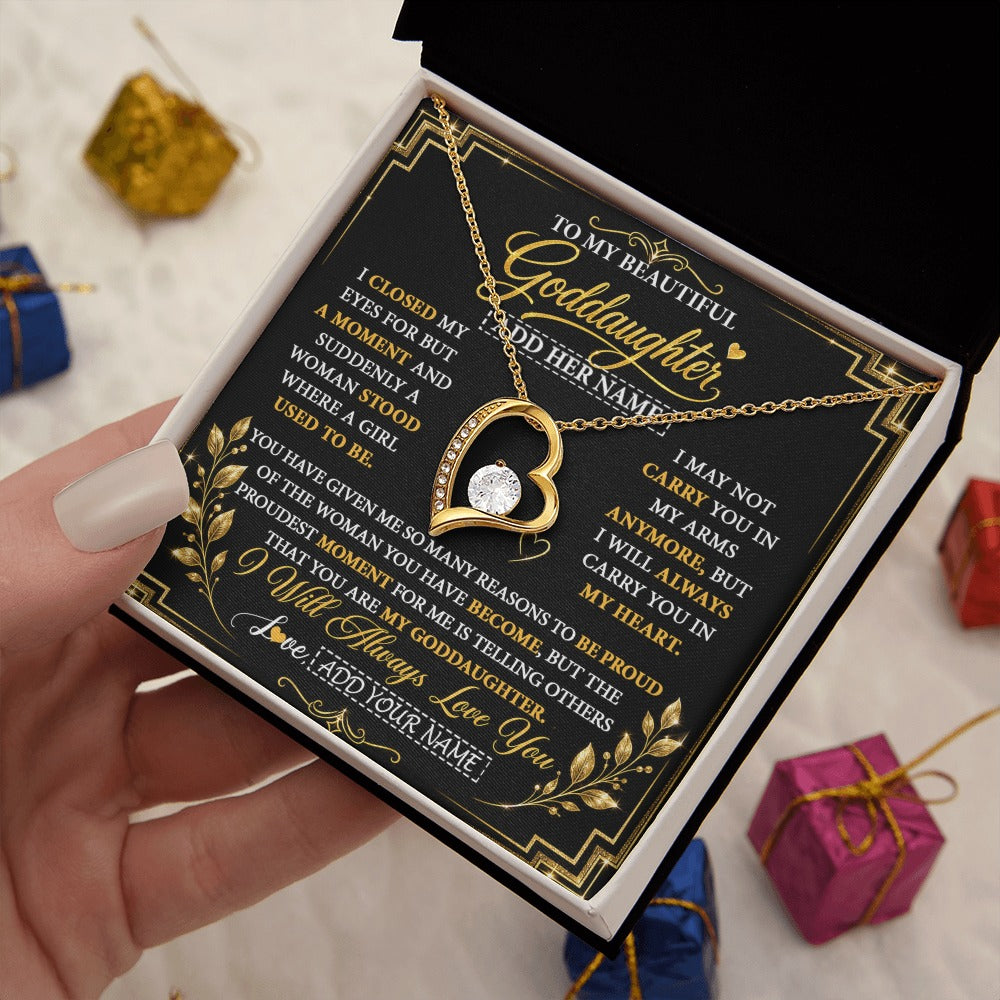 Forever Love Necklace 18K Yellow Gold Finish | 2 | Personalized To My Beautiful Goddaughter Gifts From Godmother Pendant Necklace Niece I Close My Eyes Birthday Gifts Christmas Graduation Gift Box Message Card | https://teecentury.