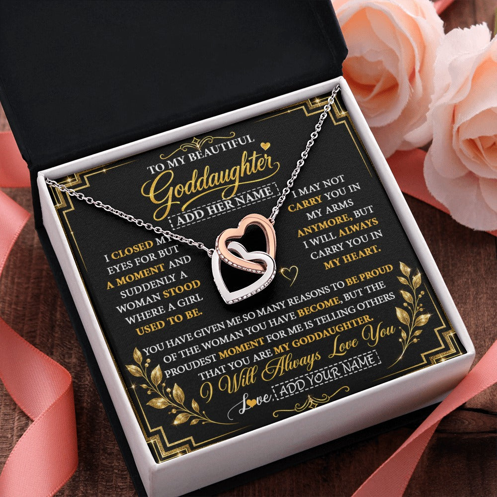 Interlocking Hearts Necklace Stainless Steel & Rose Gold Finish | 2 | Personalized To My Beautiful Goddaughter Gifts From Godmother Pendant Necklace Niece I Close My Eyes Birthday Gifts Christmas Graduation Gift Box Message Card | https://teecentury.