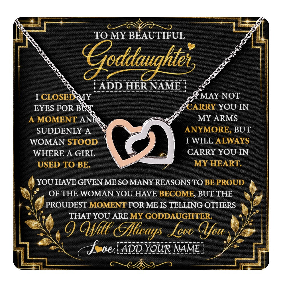 Interlocking Hearts Necklace Stainless Steel & Rose Gold Finish | 1 | Personalized To My Beautiful Goddaughter Gifts From Godmother Pendant Necklace Niece I Close My Eyes Birthday Gifts Christmas Graduation Gift Box Message Card | https://teecentury.