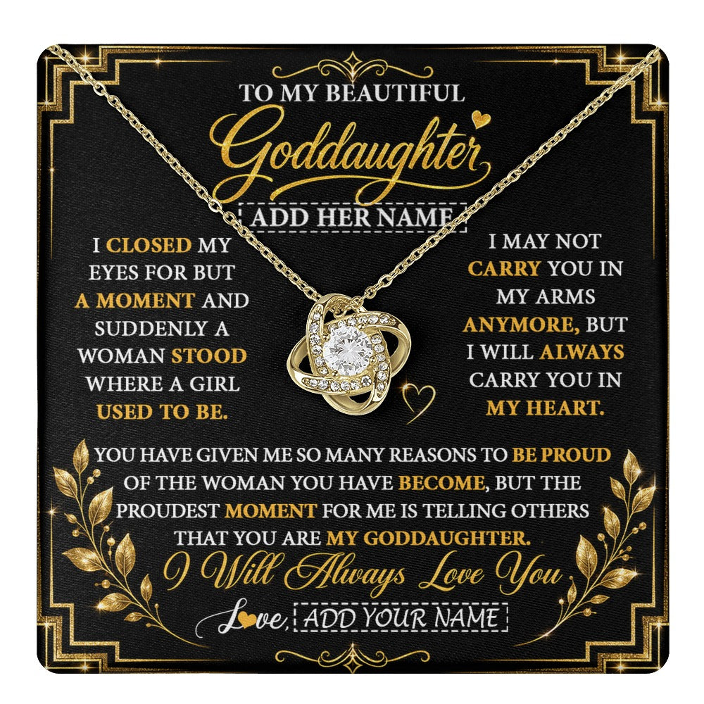 Love Knot Necklace 18K Yellow Gold Finish | 1 | Personalized To My Beautiful Goddaughter Gifts From Godmother Pendant Necklace Niece I Close My Eyes Birthday Gifts Christmas Graduation Gift Box Message Card | https://teecentury.