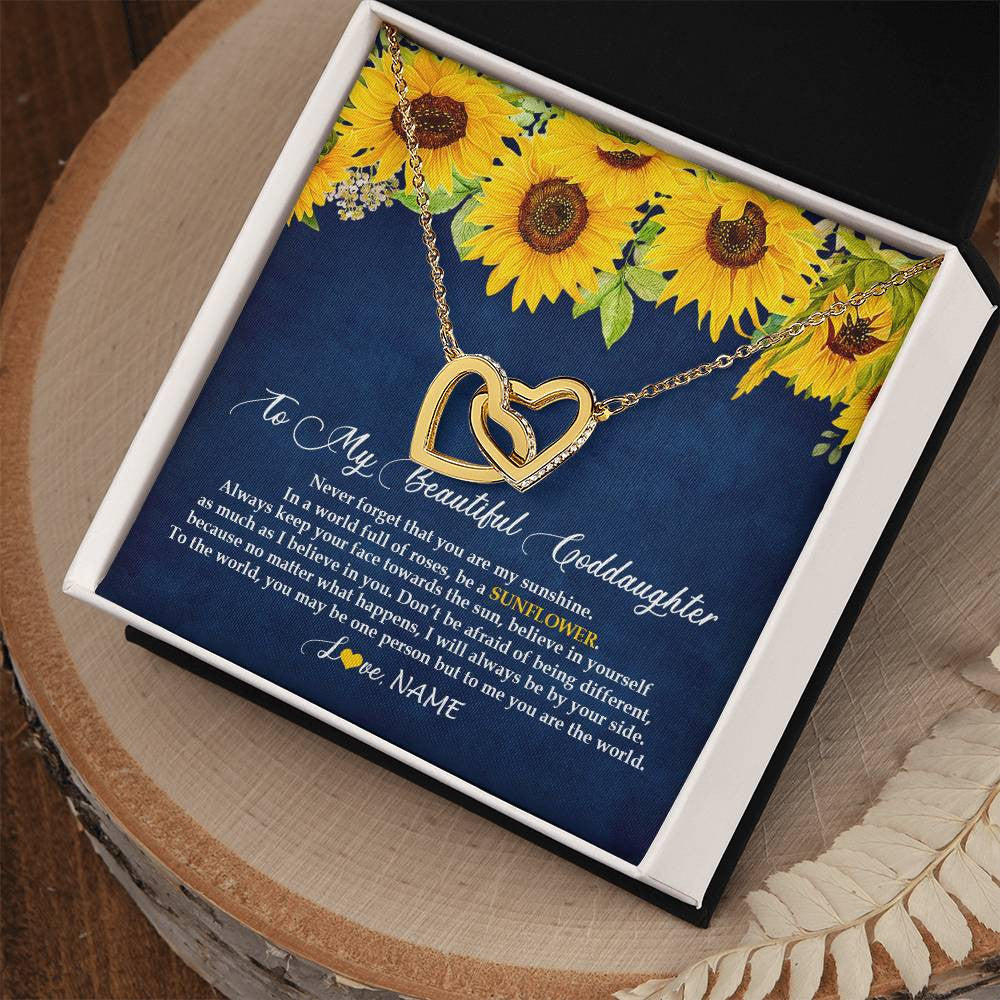 Interlocking Hearts Necklace 18K Yellow Gold Finish | Personalized To My Beautiful Goddaughter Necklace From Godmother Be A Sunflower My Sunshine Goddaughter Birthday Christmas Customized Gift Box Message Card | teecentury