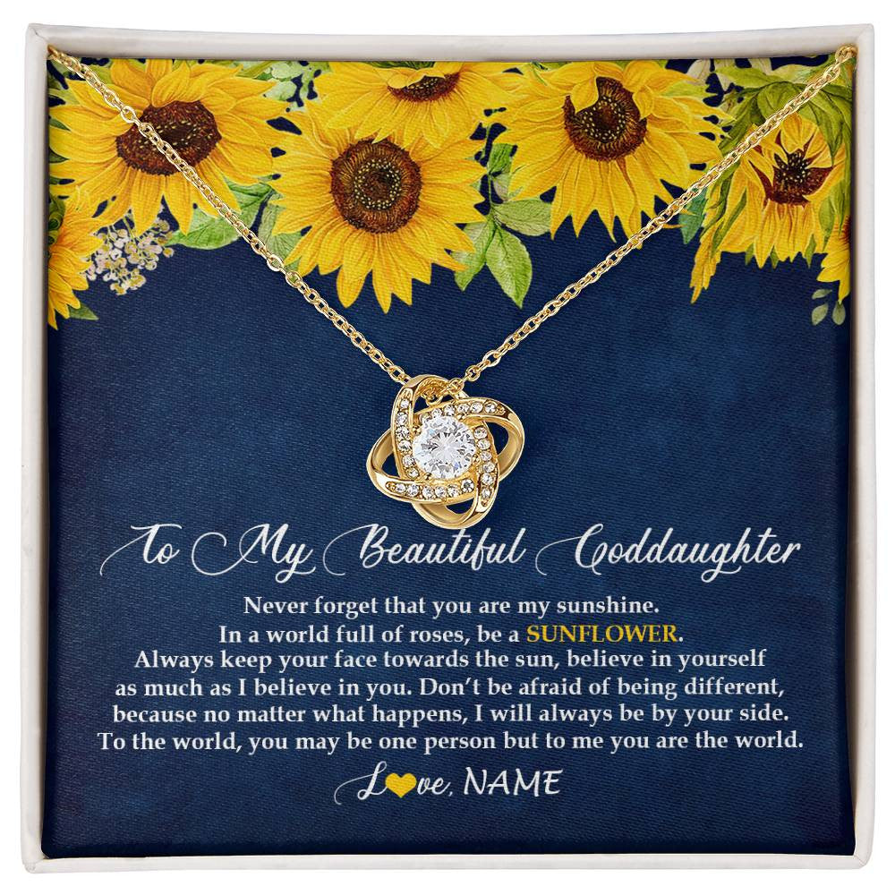 Love Knot Necklace 18K Yellow Gold Finish | Personalized To My Beautiful Goddaughter Necklace From Godmother Be A Sunflower My Sunshine Goddaughter Birthday Christmas Customized Gift Box Message Card | teecentury