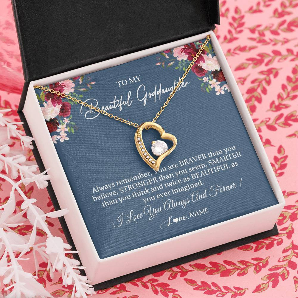 Forever Love Necklace 18K Yellow Gold Finish | Personalized To My Beautiful Goddaughter Necklace From Godmother Braver Stronger Smarter Goddaughter Pendant Jewelry Birthday Christmas Customized Message Card | teecentury