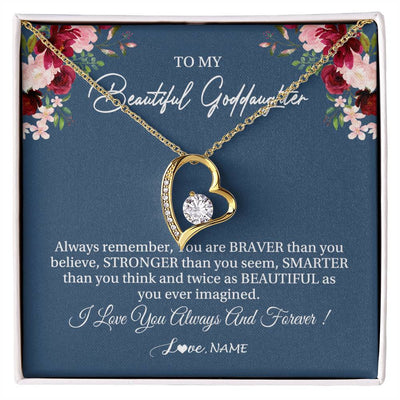 Forever Love Necklace 18K Yellow Gold Finish | Personalized To My Beautiful Goddaughter Necklace From Godmother Braver Stronger Smarter Goddaughter Pendant Jewelry Birthday Christmas Customized Message Card | teecentury