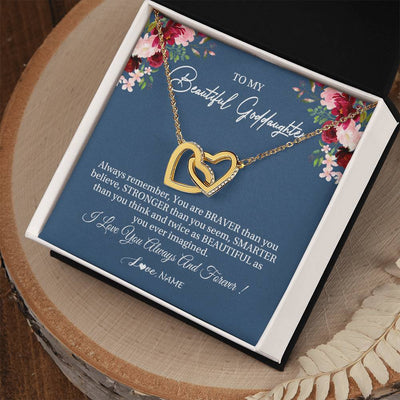 Interlocking Hearts Necklace 18K Yellow Gold Finish | Personalized To My Beautiful Goddaughter Necklace From Godmother Braver Stronger Smarter Goddaughter Pendant Jewelry Birthday Christmas Customized Message Card | teecentury