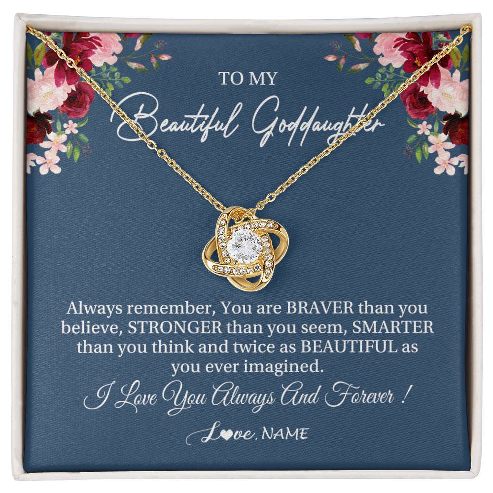 Love Knot Necklace 18K Yellow Gold Finish | Personalized To My Beautiful Goddaughter Necklace From Godmother Braver Stronger Smarter Goddaughter Pendant Jewelry Birthday Christmas Customized Message Card | teecentury