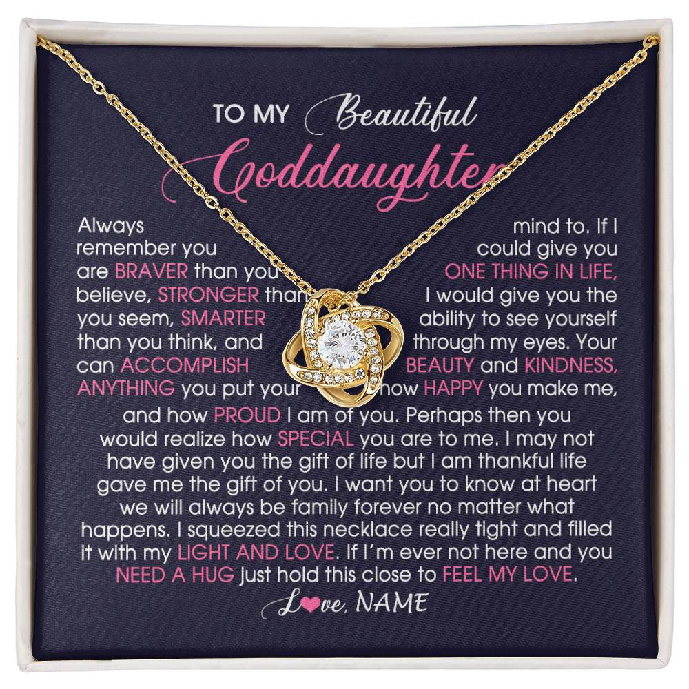 Love Knot Necklace 18K Yellow Gold Finish | Personalized To My Beautiful Goddaughter Necklace From Godmother Feel My Love Goddaughter Birthday Graduation Christmas Customized Gift Box Message Card | teecentury