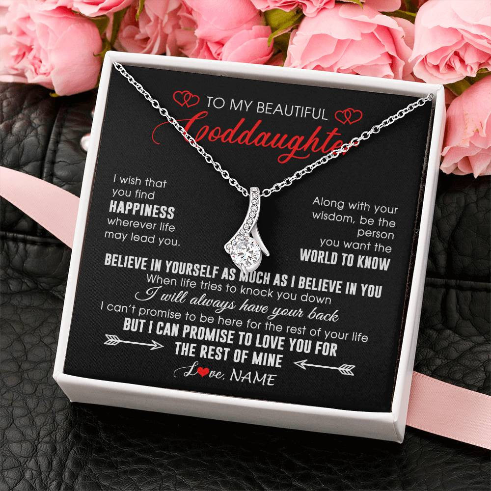 Alluring Beauty Necklace 14K White Gold Finish | Personalized To My Beautiful Goddaughter Necklace From Godmother Happiness Wherever Life Birthday Graduation Christmas Customized Gift Box Message Card | teecentury
