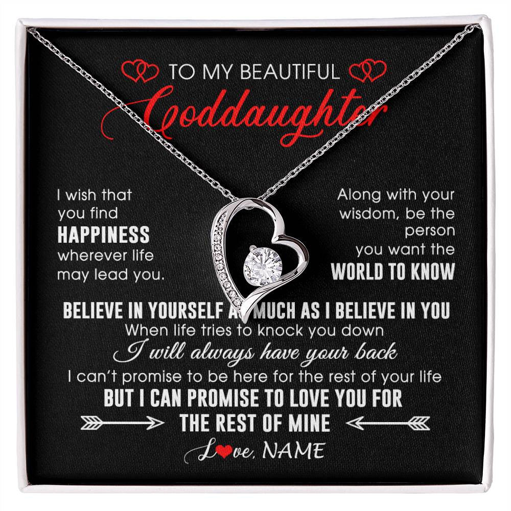 Forever Love Necklace 14K White Gold Finish | Personalized To My Beautiful Goddaughter Necklace From Godmother Happiness Wherever Life Birthday Graduation Christmas Customized Gift Box Message Card | teecentury