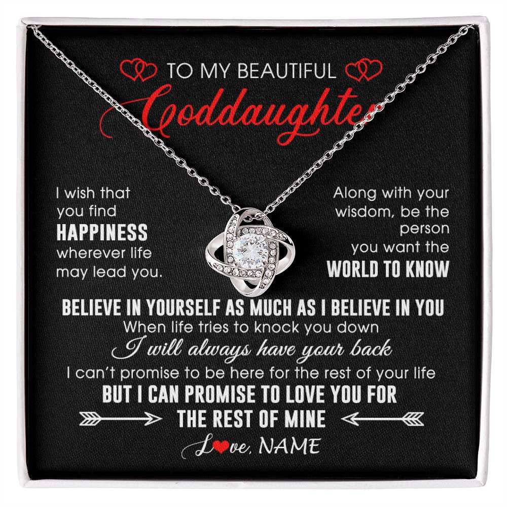 Love Knot Necklace 14K White Gold Finish | Personalized To My Beautiful Goddaughter Necklace From Godmother Happiness Wherever Life Birthday Graduation Christmas Customized Gift Box Message Card | teecentury