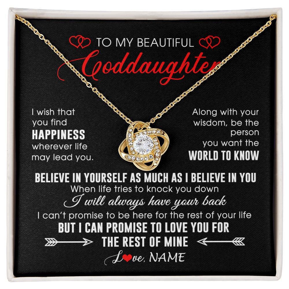 Love Knot Necklace 18K Yellow Gold Finish | Personalized To My Beautiful Goddaughter Necklace From Godmother Happiness Wherever Life Birthday Graduation Christmas Customized Gift Box Message Card | teecentury