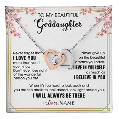 Interlocking Hearts Necklace Stainless Steel & Rose Gold Finish | 1 | Personalized To My Beautiful Goddaughter Necklace From Godmother I Love You Believe In You Goddaughter Birthday Christmas Customized Gift Box Message Card | teecentury