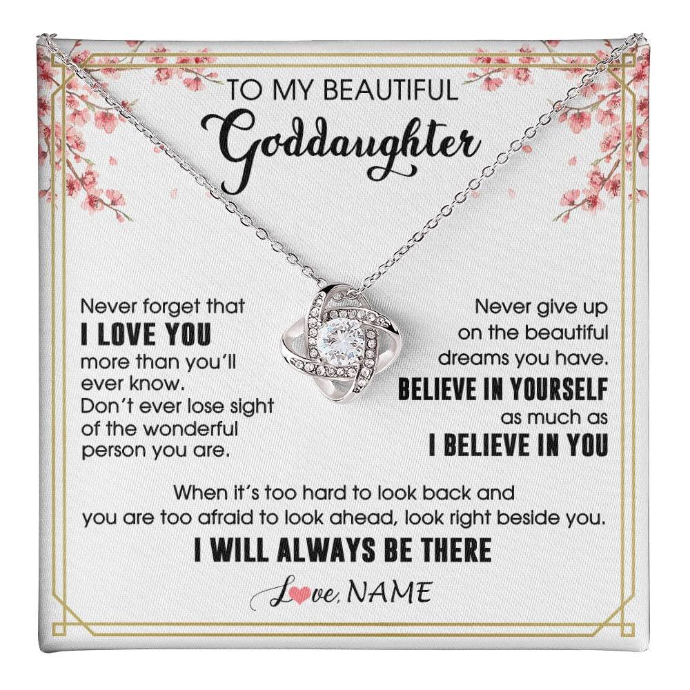Love Knot Necklace 14K White Gold Finish | 1 | Personalized To My Beautiful Goddaughter Necklace From Godmother I Love You Believe In You Goddaughter Birthday Christmas Customized Gift Box Message Card | teecentury