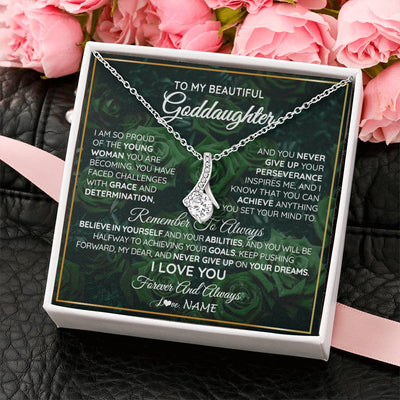 Alluring Beauty Necklace 14K White Gold Finish | Personalized To My Beautiful Goddaughter Necklace Never Give Up Goddaughter Birthday Graduation Motivational Quote Customized Gift Box Message Card | teecentury