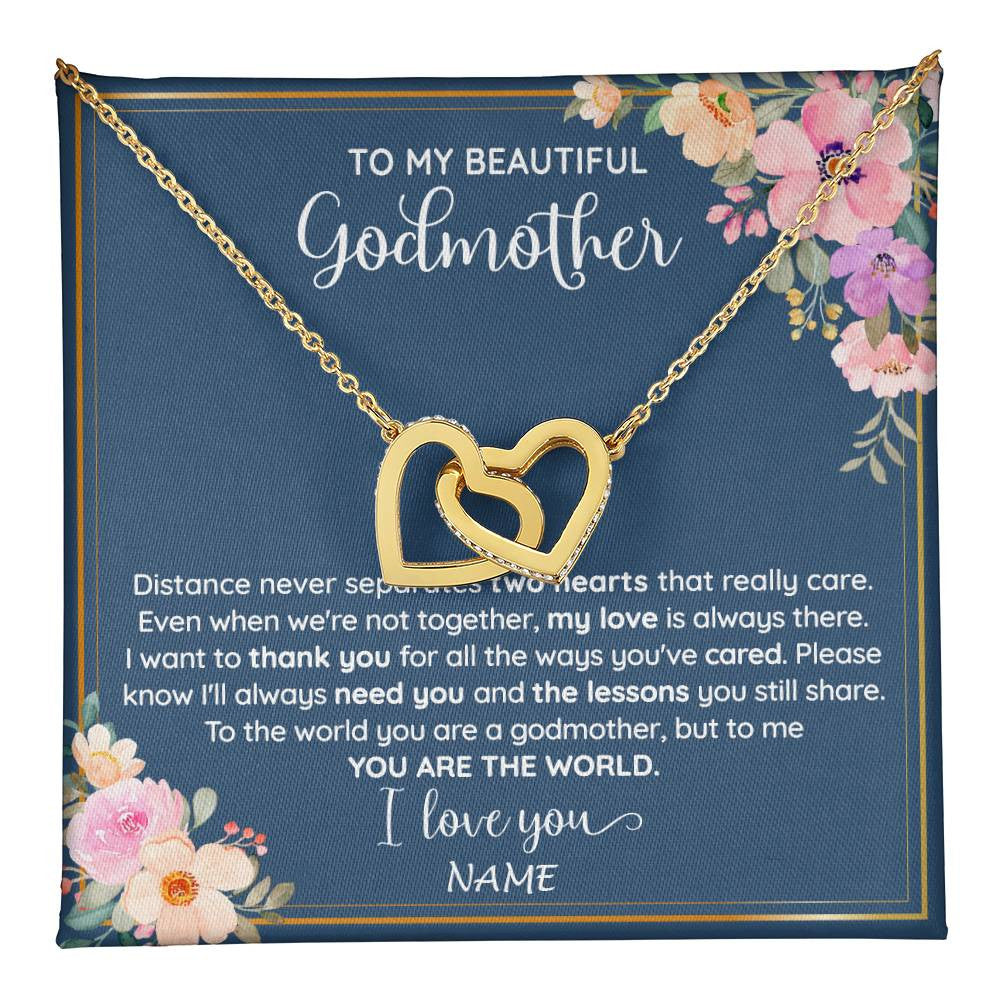 Interlocking Hearts Necklace 18K Yellow Gold Finish | 1 | Personalized To My Beautiful Godmother Necklace From Niece You Are The World Godmother Birthday Mothers Day Christmas Customized Gift Box Message Card | teecentury