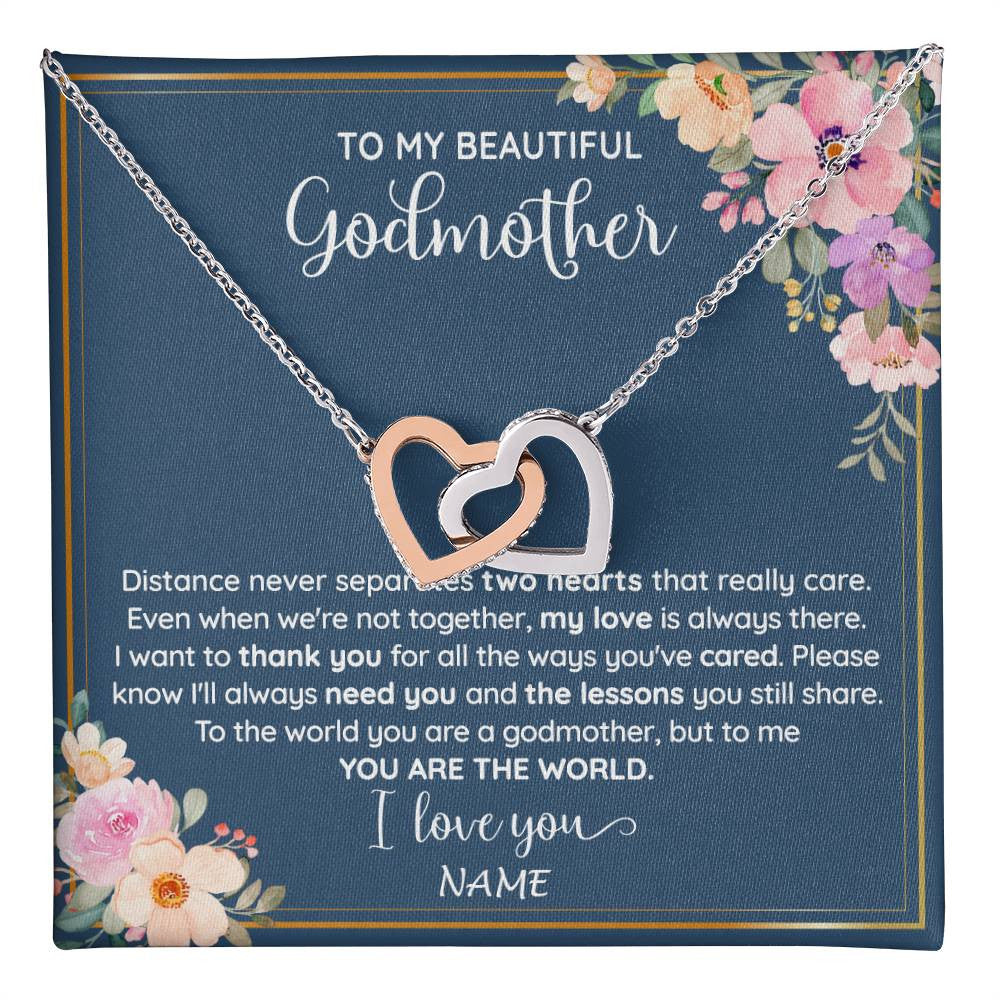 Interlocking Hearts Necklace Stainless Steel & Rose Gold Finish | 1 | Personalized To My Beautiful Godmother Necklace From Niece You Are The World Godmother Birthday Mothers Day Christmas Customized Gift Box Message Card | teecentury