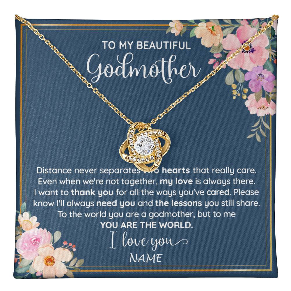 Love Knot Necklace 18K Yellow Gold Finish | 1 | Personalized To My Beautiful Godmother Necklace From Niece You Are The World Godmother Birthday Mothers Day Christmas Customized Gift Box Message Card | teecentury
