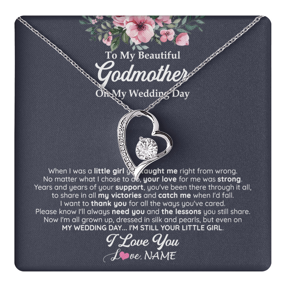 Forever Love Necklace 14K White Gold Finish | 1 | Personalized To My Beautiful Godmother On My Wedding Day Necklace From Goddaughter Little Girl Godmother Of Bride Wedding Day Customized Gift Box Message Card | teecentury