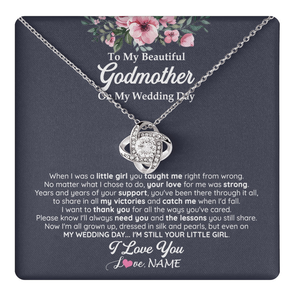 Love Knot Necklace 14K White Gold Finish | 1 | Personalized To My Beautiful Godmother On My Wedding Day Necklace From Goddaughter Little Girl Godmother Of Bride Wedding Day Customized Gift Box Message Card | teecentury