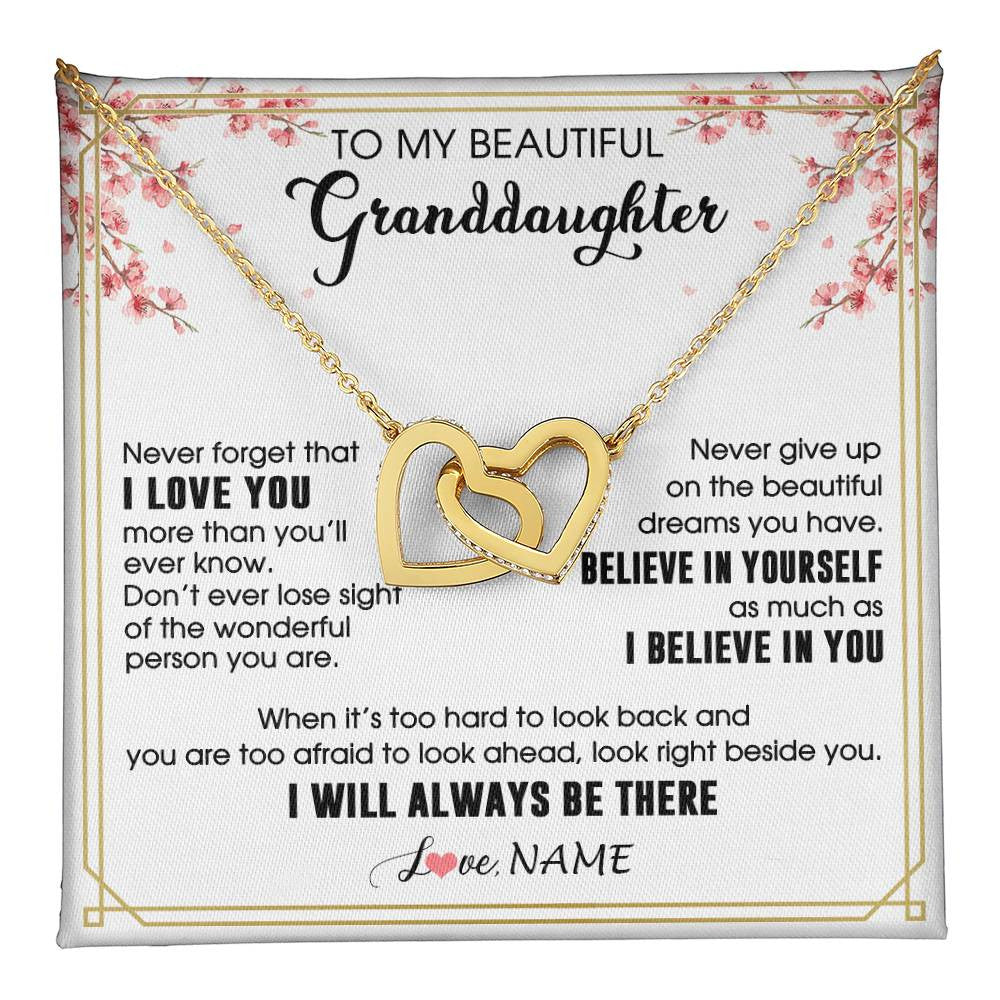 Interlocking Hearts Necklace 18K Yellow Gold Finish | 1 | Personalized To My Beautiful Granddaughter From Grandma Necklace I Love You Believe In You Granddaughter Birthday Christmas Customized Gift Box Message Card | teecentury