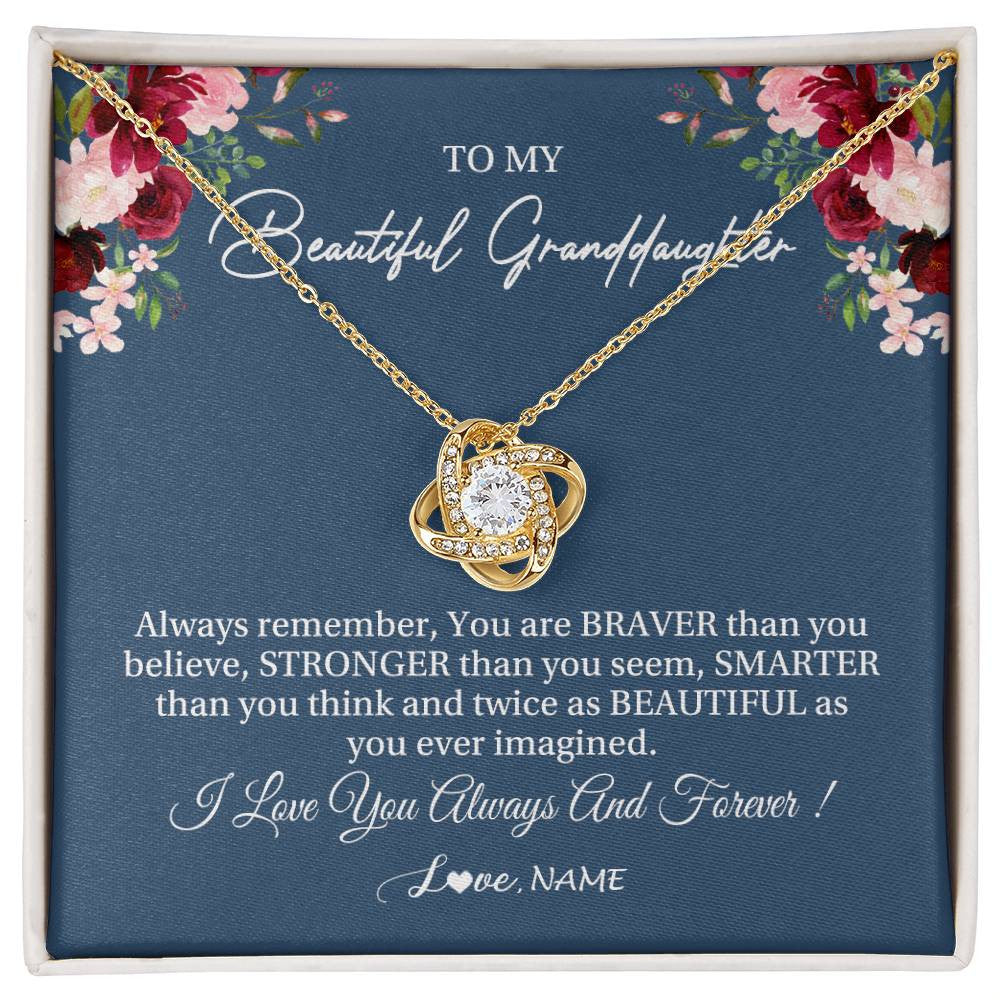 Love Knot Necklace 18K Yellow Gold Finish | Personalized To My Beautiful Granddaughter Necklace From Grandma Braver Stronger Smarter Granddaughter Jewelry Birthday Christmas Customized Message Card | teecentury