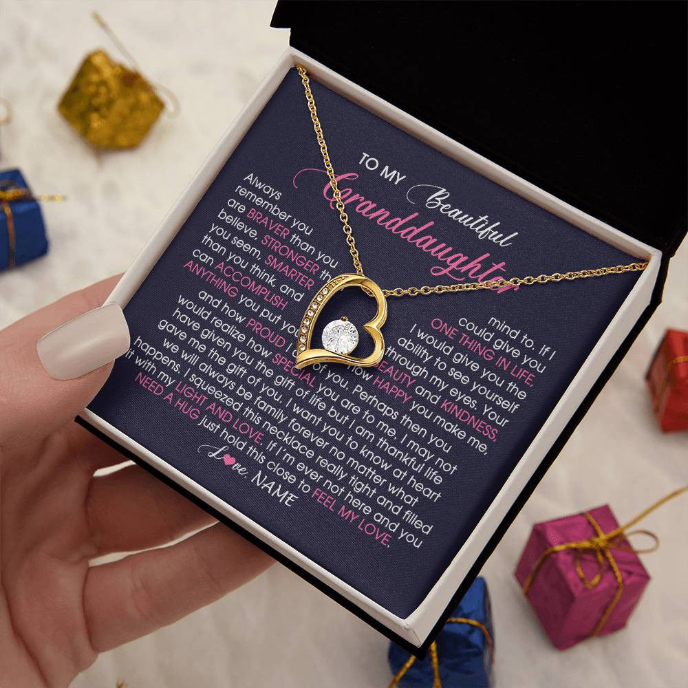 Forever Love Necklace 18K Yellow Gold Finish | Personalized To My Beautiful Granddaughter Necklace From Grandma Nana Feel My Love Granddaughter Birthday Graduation Christmas Customized Gift Box Message Card | teecentury