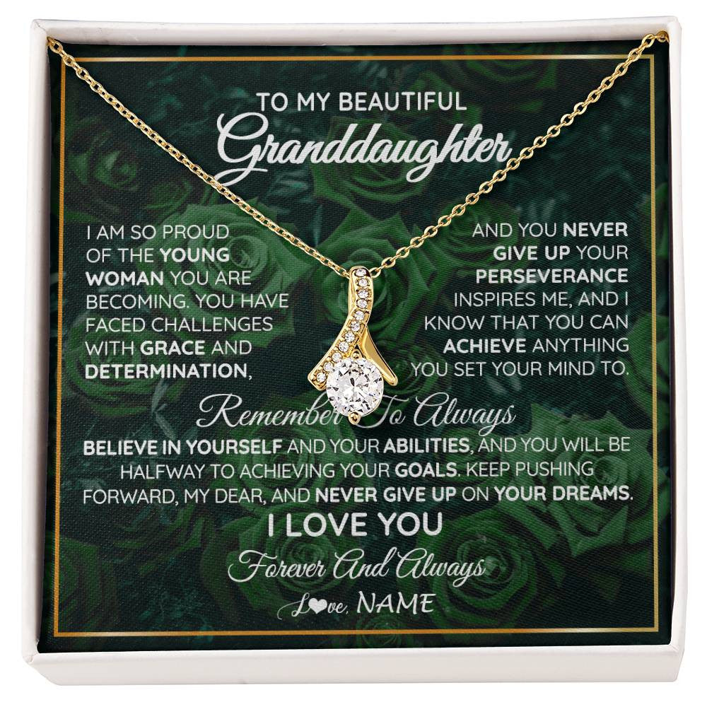 Alluring Beauty Necklace 18K Yellow Gold Finish | Personalized To My Beautiful Granddaughter Necklace From Grandma Never Give Up Birthday Graduation Motivational Quote Customized Gift Box Message Card | teecentury