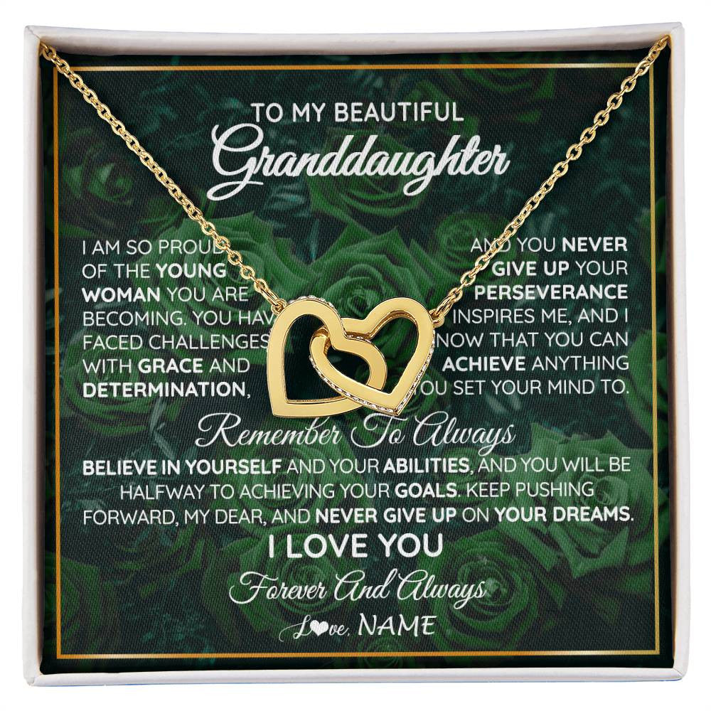 Interlocking Hearts Necklace 18K Yellow Gold Finish | Personalized To My Beautiful Granddaughter Necklace From Grandma Never Give Up Birthday Graduation Motivational Quote Customized Gift Box Message Card | teecentury