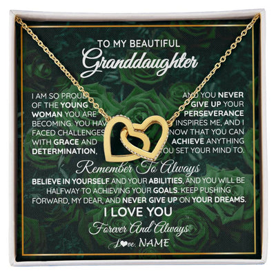 Interlocking Hearts Necklace 18K Yellow Gold Finish | Personalized To My Beautiful Granddaughter Necklace From Grandma Never Give Up Birthday Graduation Motivational Quote Customized Gift Box Message Card | teecentury