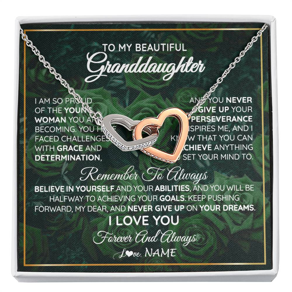 Interlocking Hearts Necklace Stainless Steel & Rose Gold Finish | Personalized To My Beautiful Granddaughter Necklace From Grandma Never Give Up Birthday Graduation Motivational Quote Customized Gift Box Message Card | teecentury