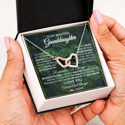 Interlocking Hearts Necklace Stainless Steel & Rose Gold Finish | Personalized To My Beautiful Granddaughter Necklace From Grandma Never Give Up Birthday Graduation Motivational Quote Customized Gift Box Message Card | teecentury