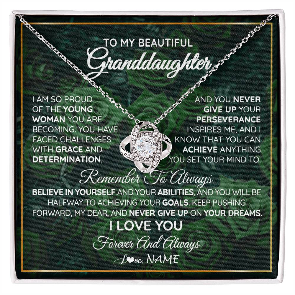 Love Knot Necklace 14K White Gold Finish | Personalized To My Beautiful Granddaughter Necklace From Grandma Never Give Up Birthday Graduation Motivational Quote Customized Gift Box Message Card | teecentury
