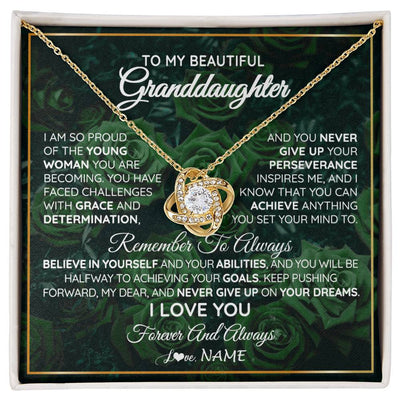 Love Knot Necklace 18K Yellow Gold Finish | Personalized To My Beautiful Granddaughter Necklace From Grandma Never Give Up Birthday Graduation Motivational Quote Customized Gift Box Message Card | teecentury