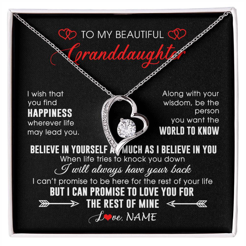 Forever Love Necklace 14K White Gold Finish | Personalized To My Beautiful Granddaughter Necklace From Grandma Papa Happiness Wherever Life Birthday Graduation Christmas Customized Gift Box Message Card | teecentury
