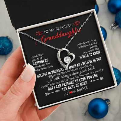 Forever Love Necklace 14K White Gold Finish | Personalized To My Beautiful Granddaughter Necklace From Grandma Papa Happiness Wherever Life Birthday Graduation Christmas Customized Gift Box Message Card | teecentury
