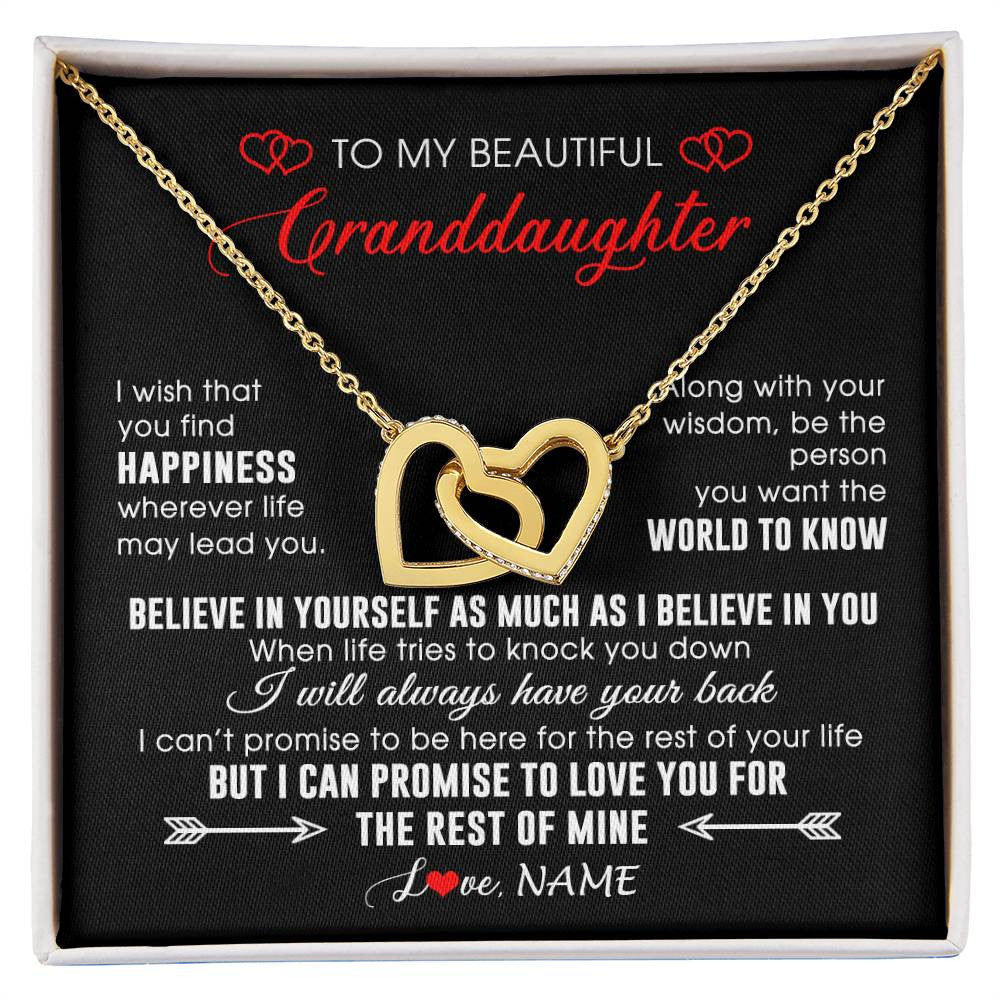 Interlocking Hearts Necklace 18K Yellow Gold Finish | Personalized To My Beautiful Granddaughter Necklace From Grandma Papa Happiness Wherever Life Birthday Graduation Christmas Customized Gift Box Message Card | teecentury